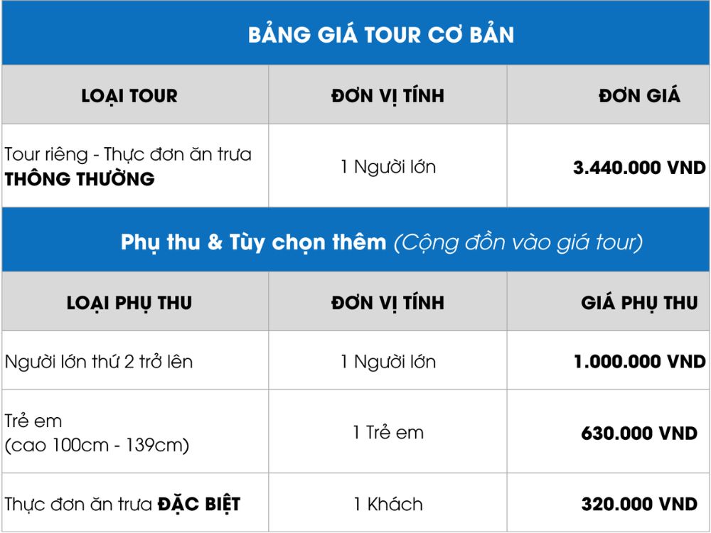 Bảng giá Tour riêng